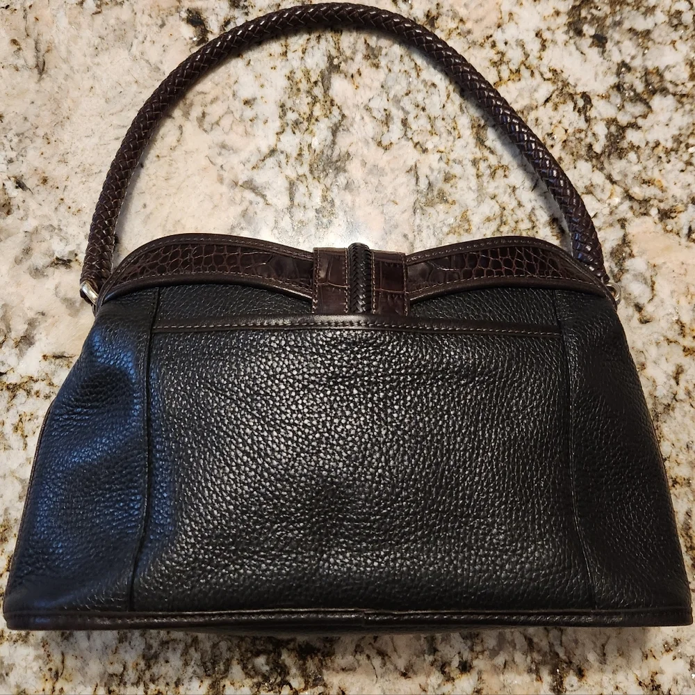 BRIGHTON Purse Vintage black & brown leather shoulder bag w/ Croc pattern, EUC